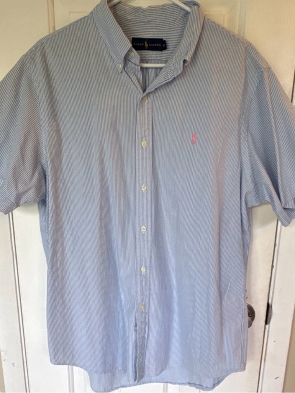 Ralph Lauren Light Blue and White Striped Short-Sleeve Button-Down Shirt